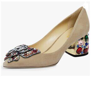 YDN Apricot Suede Pointed Toe Bow Pumps Colorful Rhinestone Block Low Heel Shoes